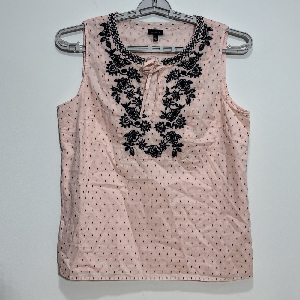 Talbots Boho Feminine Sleeveless Top Light Pink Embroidered Neck Lined Cotton Lg
